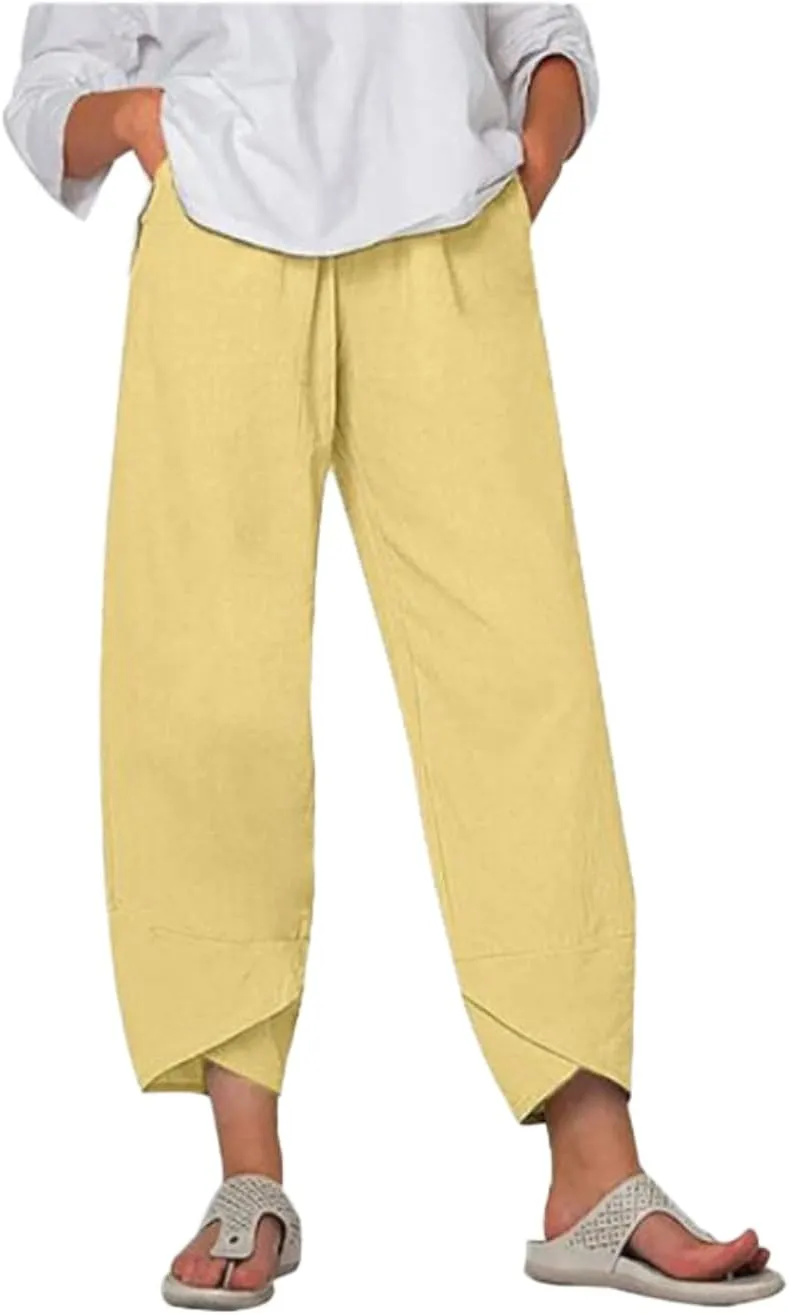 Cotton Linen Pants for Women Wide Leg Elastic Waist Capri Pant Casual Loose Palazzo Cropped Trousers with Pockets