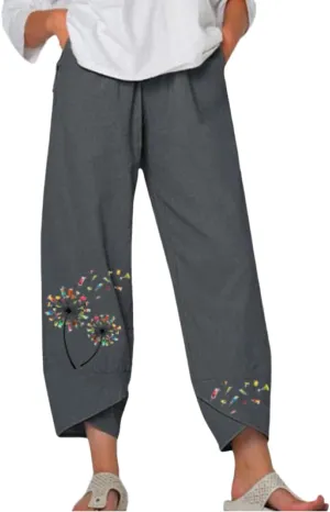 Cotton Linen Pants for Women Wide Leg Elastic Waist Capri Pant Casual Loose Palazzo Cropped Trousers with Pockets