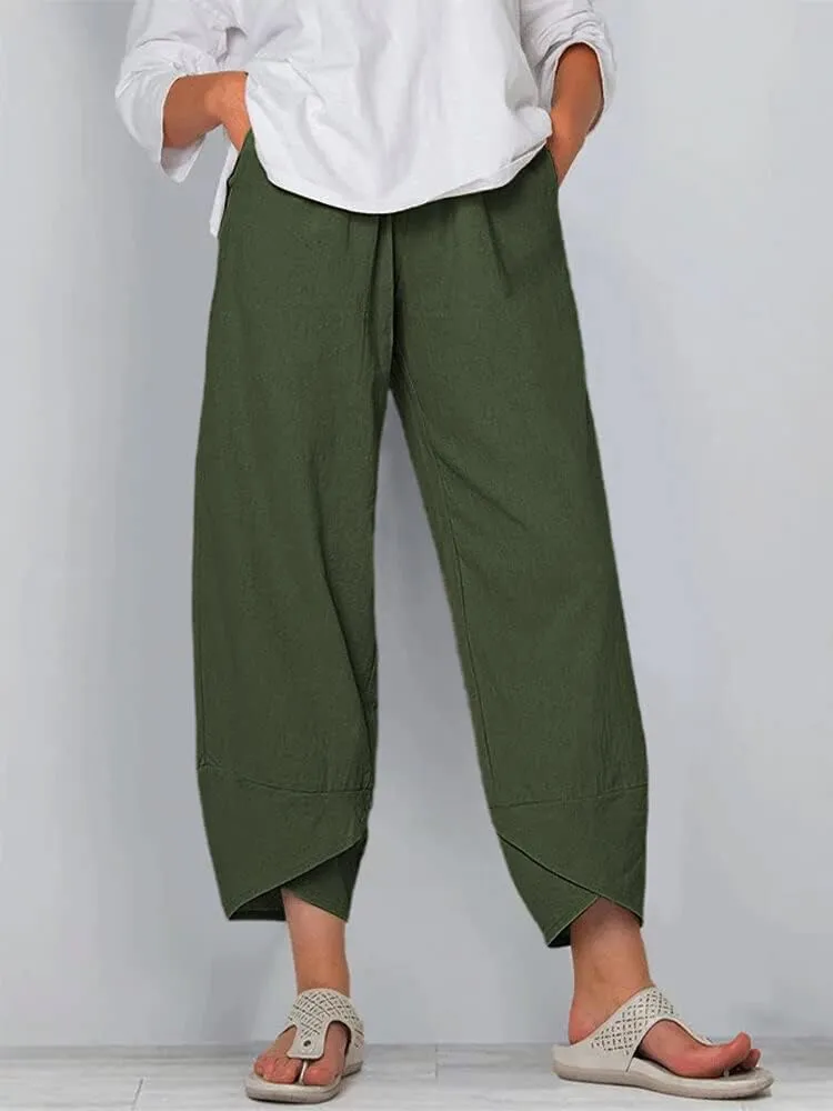 Cotton Linen Pants for Women Wide Leg Elastic Waist Capri Pant Casual Loose Palazzo Cropped Trousers with Pockets
