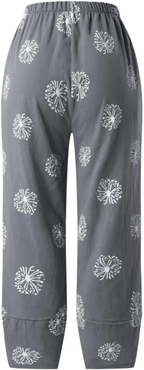 Cotton Linen Pants for Women Wide Leg Elastic Waist Capri Pant Casual Loose Palazzo Cropped Trousers with Pockets