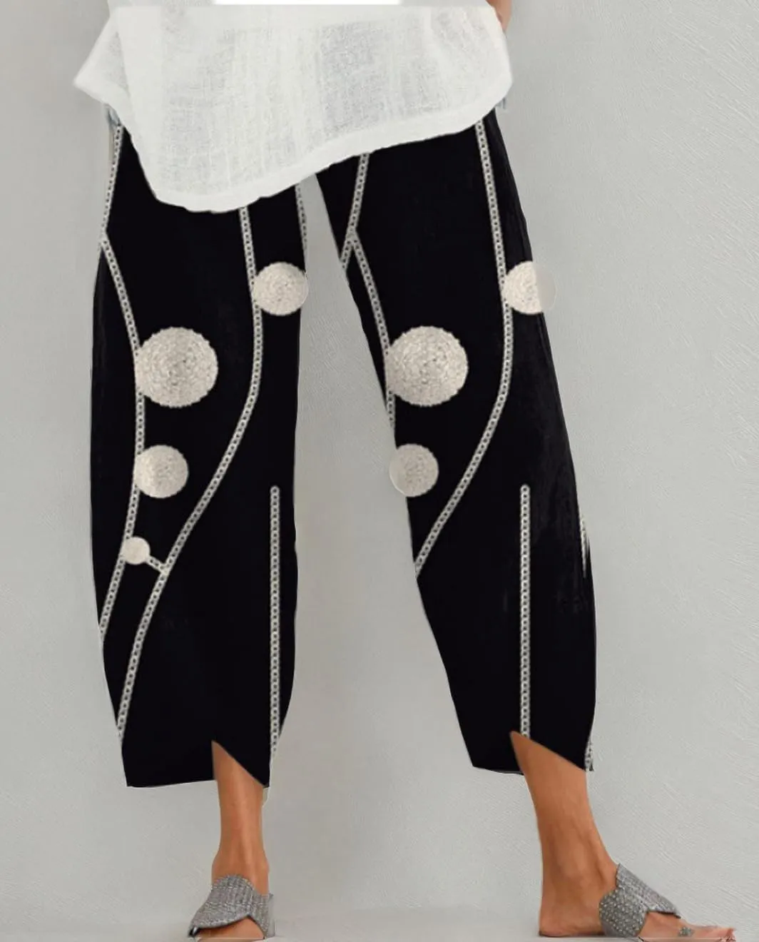 Cotton Linen Pants for Women Wide Leg Elastic Waist Capri Pant Casual Loose Palazzo Cropped Trousers with Pockets