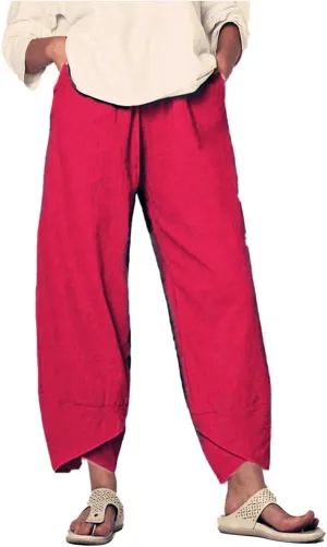 Cotton Linen Pants for Women Wide Leg Elastic Waist Capri Pant Casual Loose Palazzo Cropped Trousers with Pockets