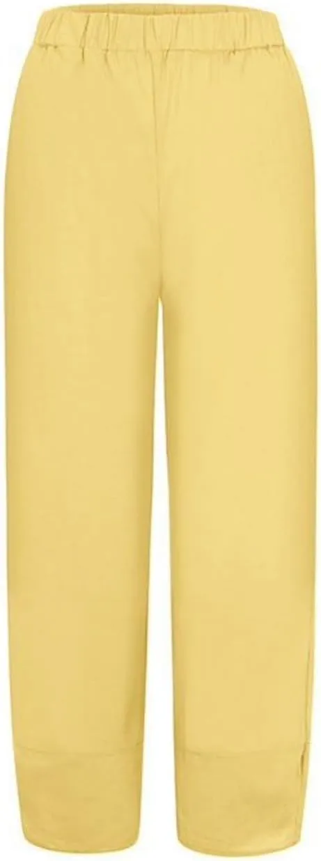 Cotton Linen Pants for Women Wide Leg Elastic Waist Capri Pant Casual Loose Palazzo Cropped Trousers with Pockets