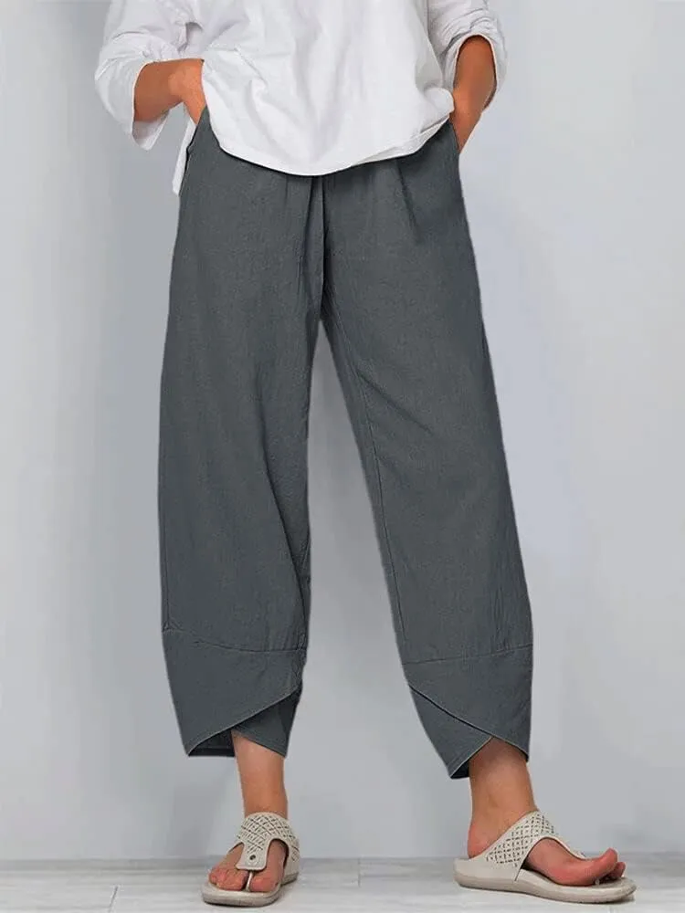 Cotton Linen Pants for Women Wide Leg Elastic Waist Capri Pant Casual Loose Palazzo Cropped Trousers with Pockets