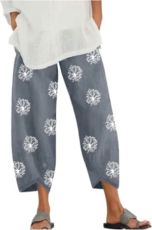 Cotton Linen Pants for Women Wide Leg Elastic Waist Capri Pant Casual Loose Palazzo Cropped Trousers with Pockets