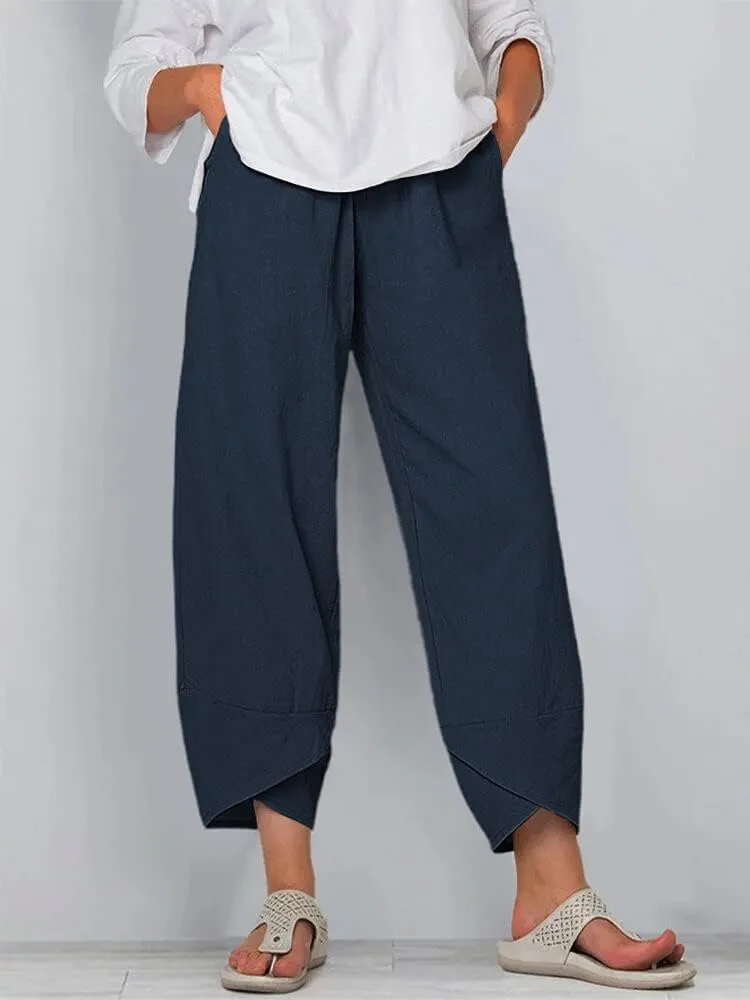 Cotton Linen Pants for Women Wide Leg Elastic Waist Capri Pant Casual Loose Palazzo Cropped Trousers with Pockets