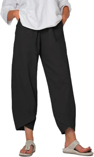 Cotton Linen Pants for Women Wide Leg Elastic Waist Capri Pant Casual Loose Palazzo Cropped Trousers with Pockets