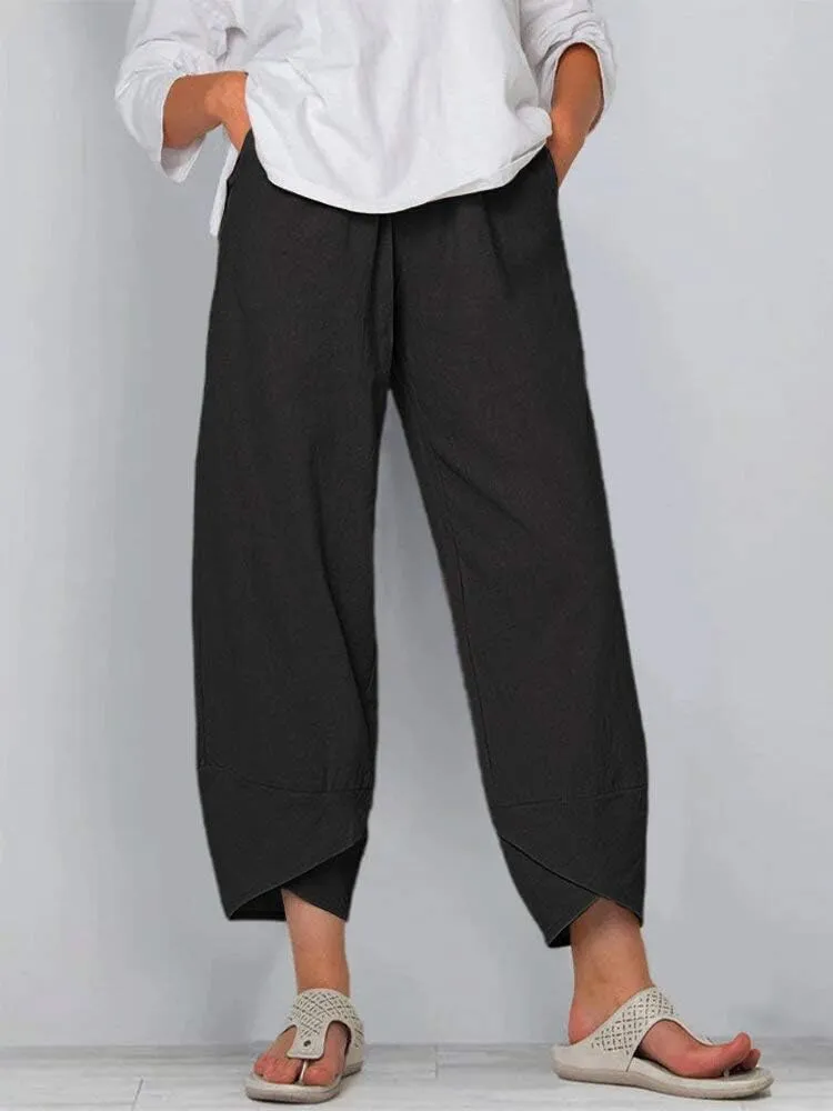 Cotton Linen Pants for Women Wide Leg Elastic Waist Capri Pant Casual Loose Palazzo Cropped Trousers with Pockets