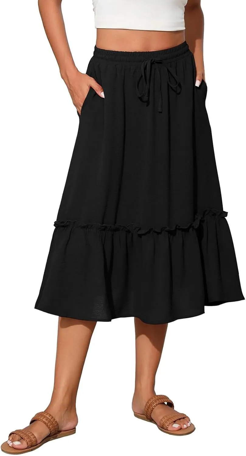 Cotton Tiered Midi Skirts for Women with Pockets 2025 Casual High Elastic Waisted Summer Skirts Flowy Tie Beach Skirt