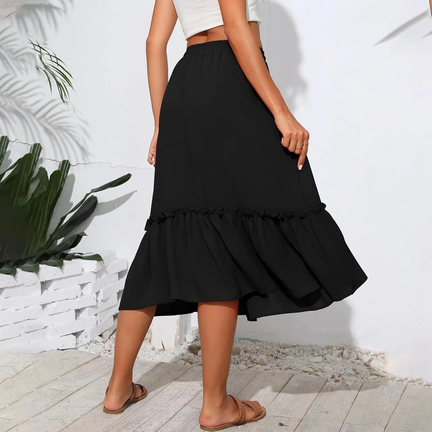 Cotton Tiered Midi Skirts for Women with Pockets 2025 Casual High Elastic Waisted Summer Skirts Flowy Tie Beach Skirt