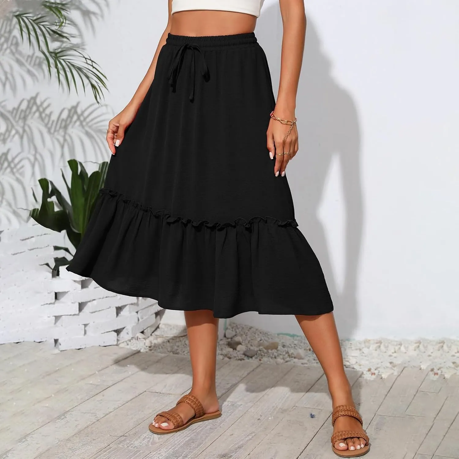 Cotton Tiered Midi Skirts for Women with Pockets 2025 Casual High Elastic Waisted Summer Skirts Flowy Tie Beach Skirt