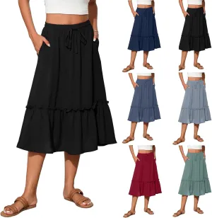 Cotton Tiered Midi Skirts for Women with Pockets 2025 Casual High Elastic Waisted Summer Skirts Flowy Tie Beach Skirt
