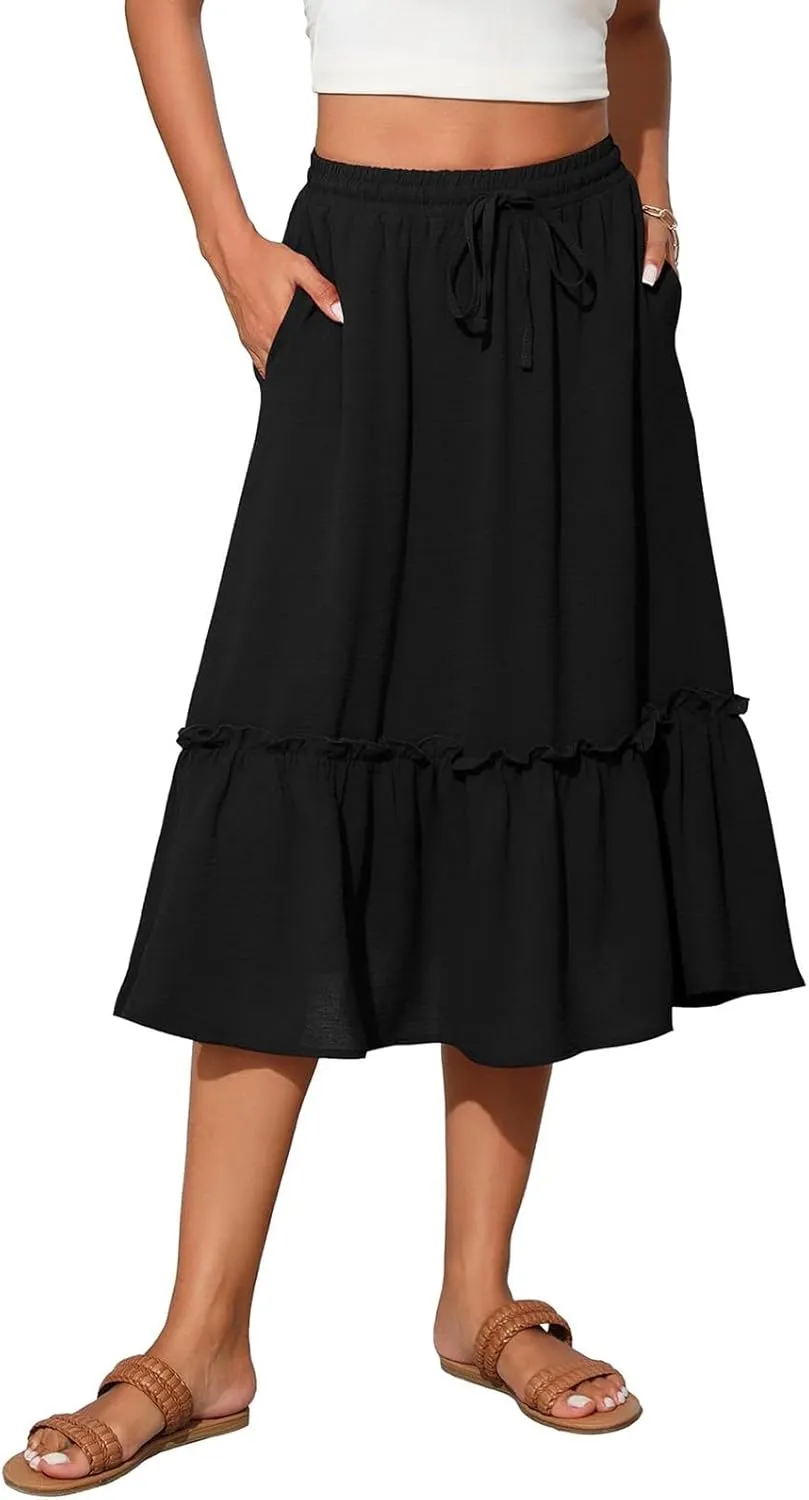 Cotton Tiered Midi Skirts for Women with Pockets 2025 Casual High Elastic Waisted Summer Skirts Flowy Tie Beach Skirt