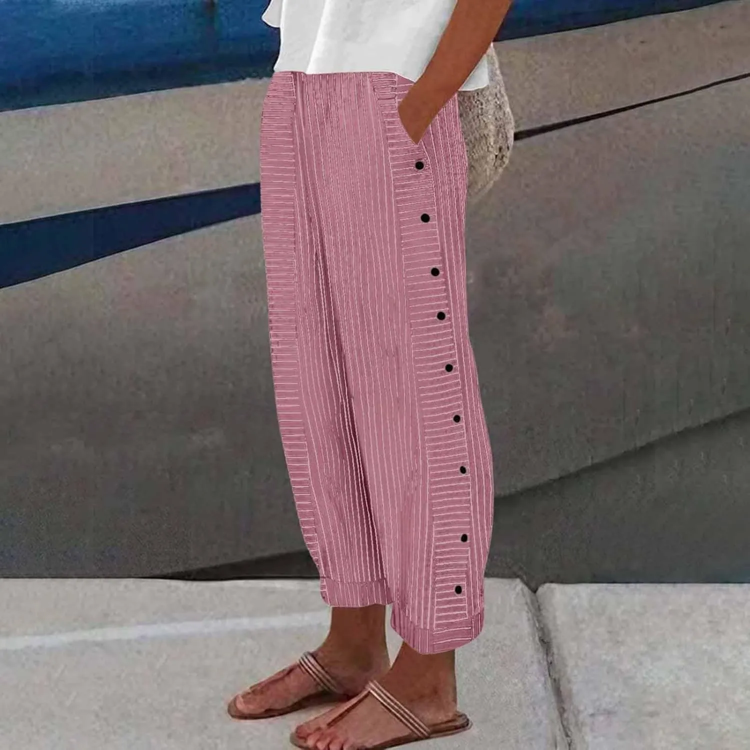 Cropped Linen Pants for Women Casual Straight Leg Elastic Waist Pants Stripe Print Beach Summer Pants with Pockets