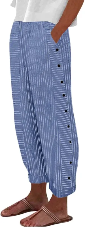 Cropped Linen Pants for Women Casual Straight Leg Elastic Waist Pants Stripe Print Beach Summer Pants with Pockets