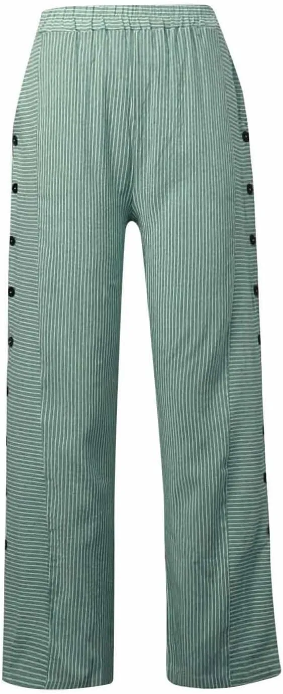 Cropped Linen Pants for Women Casual Straight Leg Elastic Waist Pants Stripe Print Beach Summer Pants with Pockets