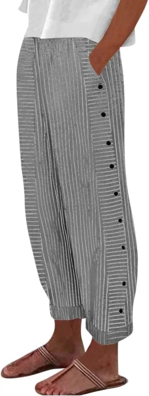 Cropped Linen Pants for Women Casual Straight Leg Elastic Waist Pants Stripe Print Beach Summer Pants with Pockets