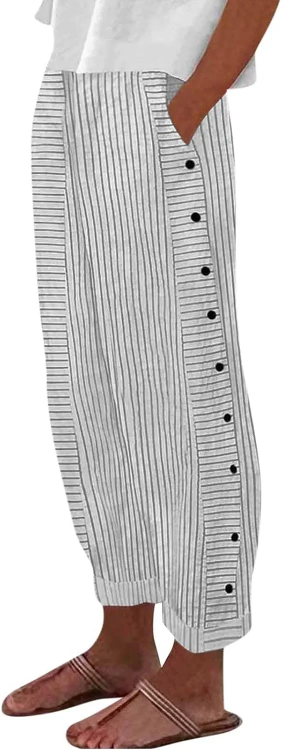 Cropped Linen Pants for Women Casual Straight Leg Elastic Waist Pants Stripe Print Beach Summer Pants with Pockets