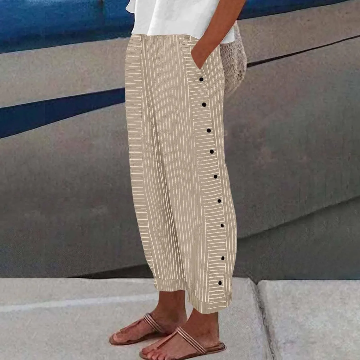 Cropped Linen Pants for Women Casual Straight Leg Elastic Waist Pants Stripe Print Beach Summer Pants with Pockets
