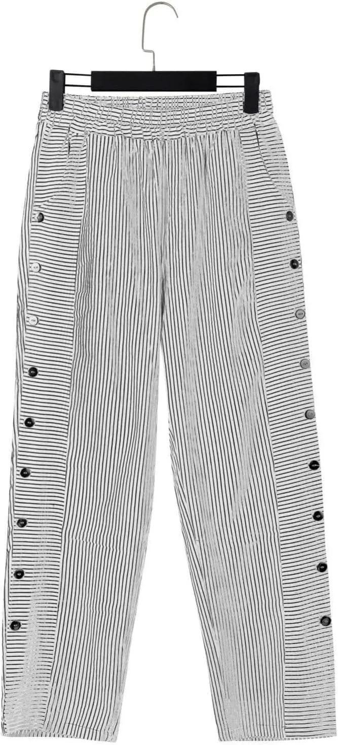 Cropped Linen Pants for Women Casual Straight Leg Elastic Waist Pants Stripe Print Beach Summer Pants with Pockets