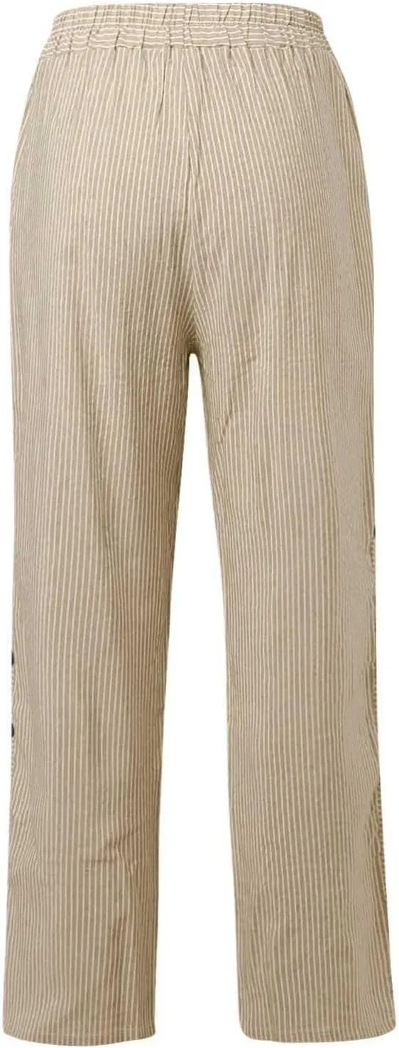 Cropped Linen Pants for Women Casual Straight Leg Elastic Waist Pants Stripe Print Beach Summer Pants with Pockets