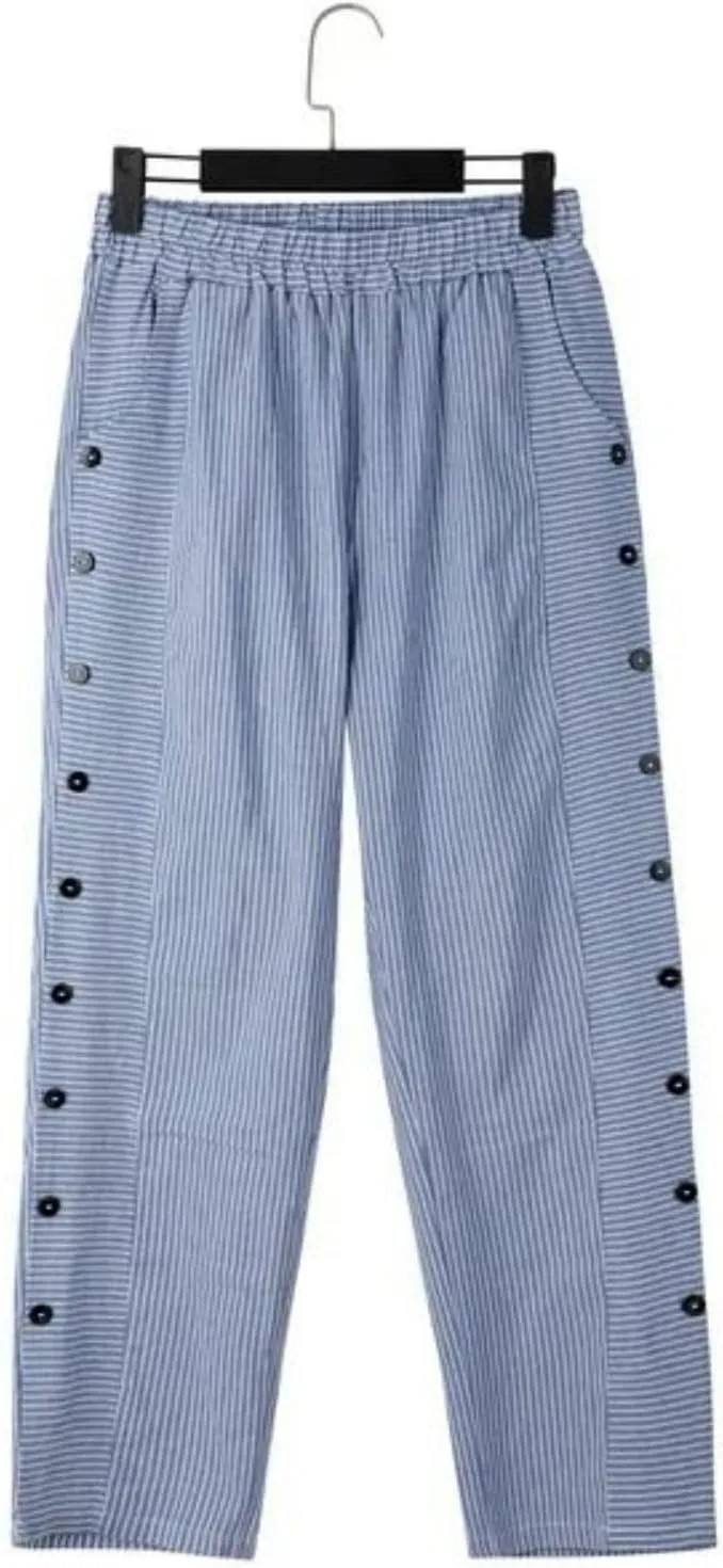 Cropped Linen Pants for Women Casual Straight Leg Elastic Waist Pants Stripe Print Beach Summer Pants with Pockets