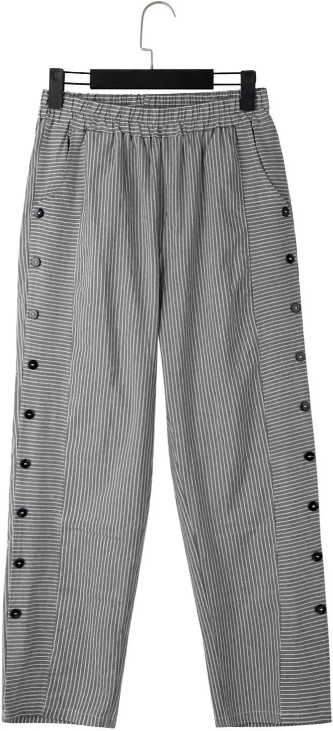 Cropped Linen Pants for Women Casual Straight Leg Elastic Waist Pants Stripe Print Beach Summer Pants with Pockets