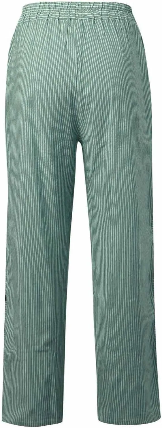 Cropped Linen Pants for Women Casual Straight Leg Elastic Waist Pants Stripe Print Beach Summer Pants with Pockets
