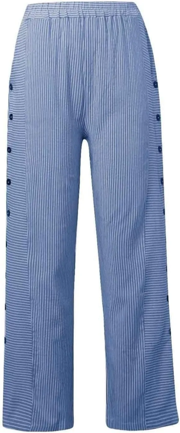 Cropped Linen Pants for Women Casual Straight Leg Elastic Waist Pants Stripe Print Beach Summer Pants with Pockets