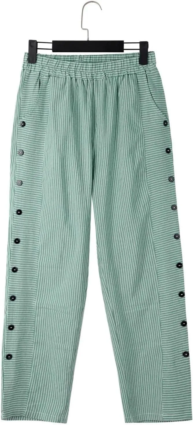 Cropped Linen Pants for Women Casual Straight Leg Elastic Waist Pants Stripe Print Beach Summer Pants with Pockets