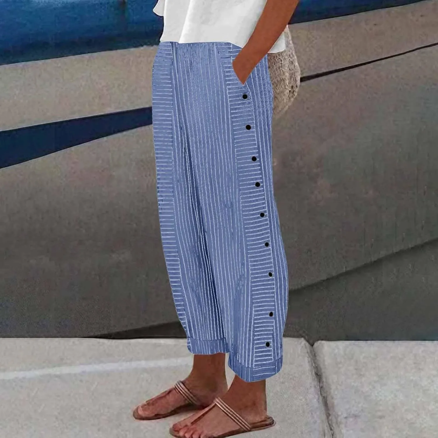Cropped Linen Pants for Women Casual Straight Leg Elastic Waist Pants Stripe Print Beach Summer Pants with Pockets