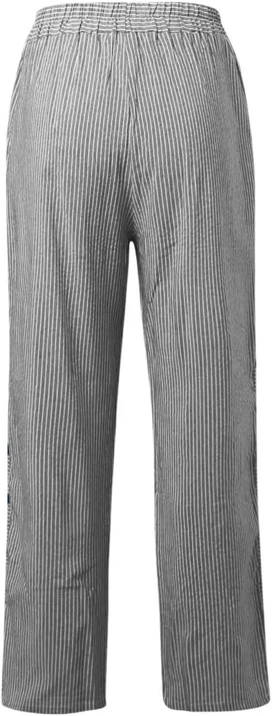 Cropped Linen Pants for Women Casual Straight Leg Elastic Waist Pants Stripe Print Beach Summer Pants with Pockets