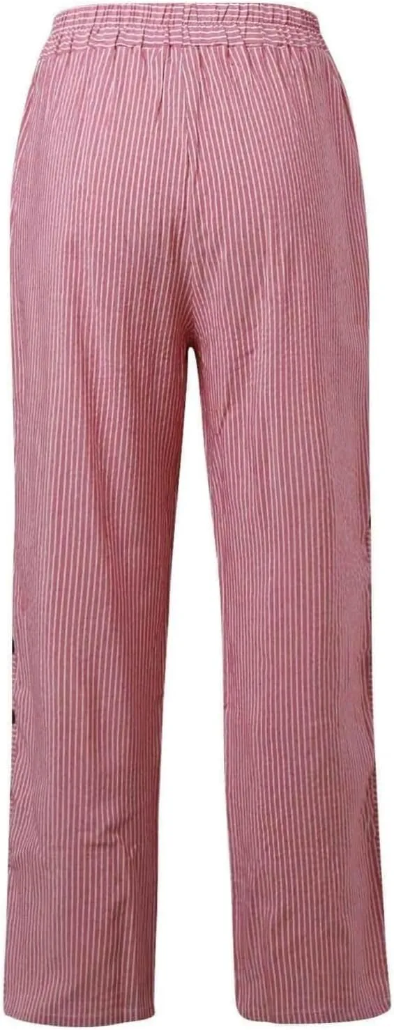 Cropped Linen Pants for Women Casual Straight Leg Elastic Waist Pants Stripe Print Beach Summer Pants with Pockets