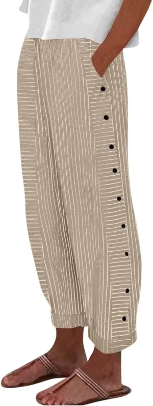 Cropped Linen Pants for Women Casual Straight Leg Elastic Waist Pants Stripe Print Beach Summer Pants with Pockets