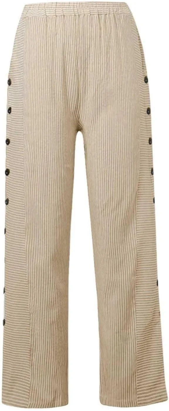 Cropped Linen Pants for Women Casual Straight Leg Elastic Waist Pants Stripe Print Beach Summer Pants with Pockets