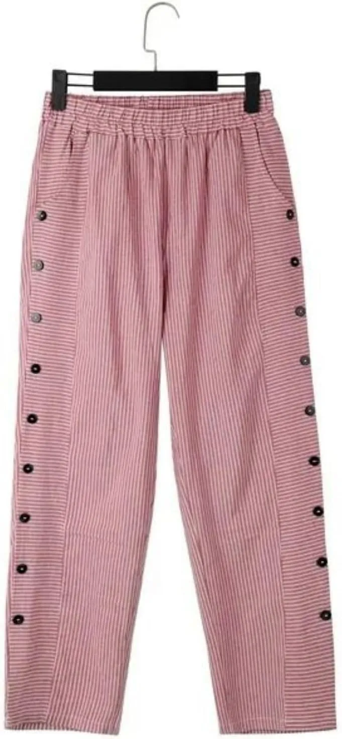Cropped Linen Pants for Women Casual Straight Leg Elastic Waist Pants Stripe Print Beach Summer Pants with Pockets