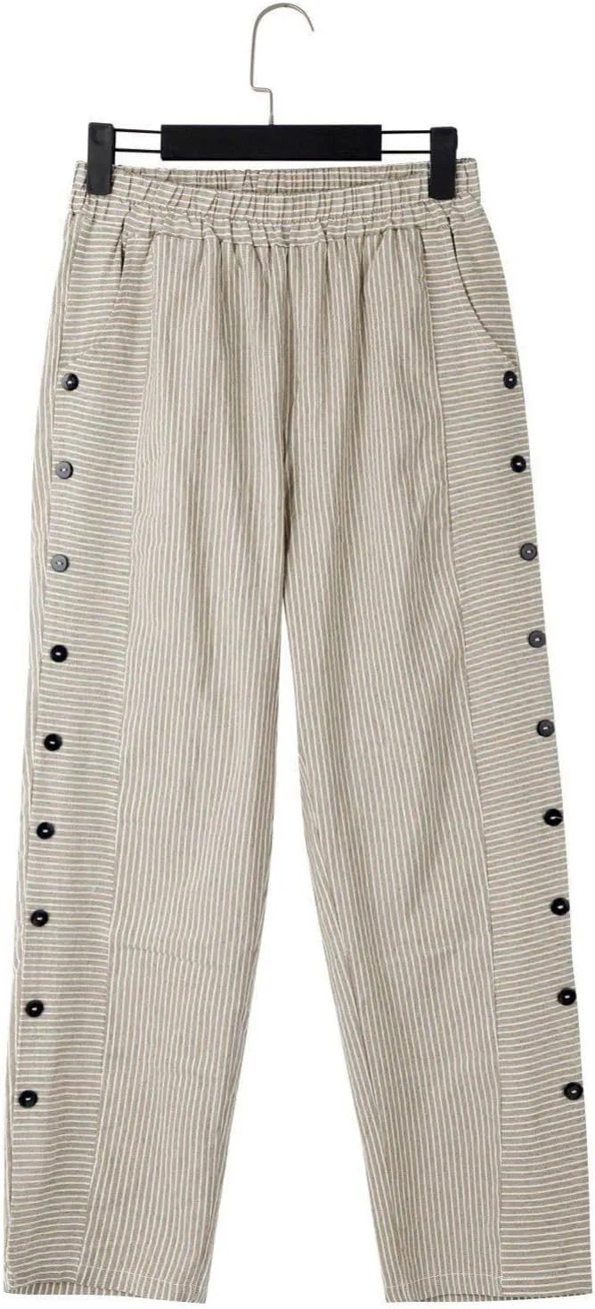 Cropped Linen Pants for Women Casual Straight Leg Elastic Waist Pants Stripe Print Beach Summer Pants with Pockets