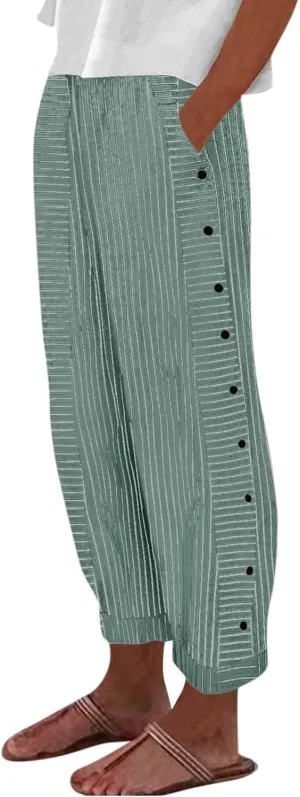 Cropped Linen Pants for Women Casual Straight Leg Elastic Waist Pants Stripe Print Beach Summer Pants with Pockets