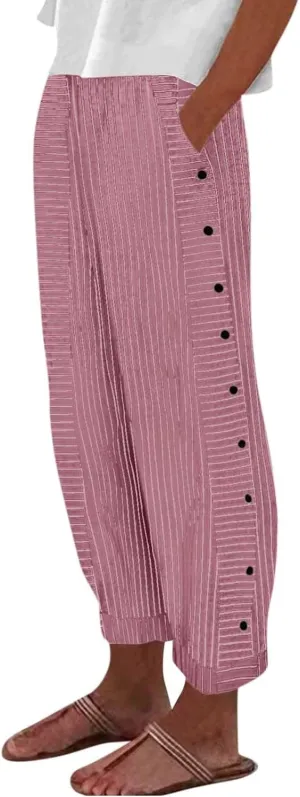 Cropped Linen Pants for Women Casual Straight Leg Elastic Waist Pants Stripe Print Beach Summer Pants with Pockets