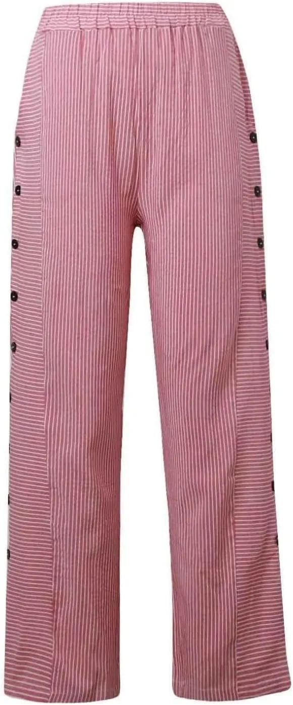 Cropped Linen Pants for Women Casual Straight Leg Elastic Waist Pants Stripe Print Beach Summer Pants with Pockets
