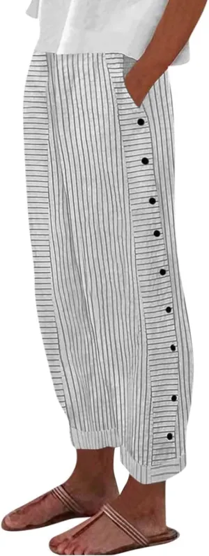 Cropped Linen Pants for Women Casual Straight Leg Elastic Waist Pants Stripe Print Beach Summer Pants with Pockets