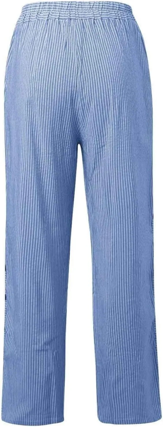 Cropped Linen Pants for Women Casual Straight Leg Elastic Waist Pants Stripe Print Beach Summer Pants with Pockets