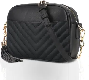 Crossbody Bags for Women Leather Quilted Shoulder Bag with Chain Strap Trendy Clutch Satchel Bag, Black
