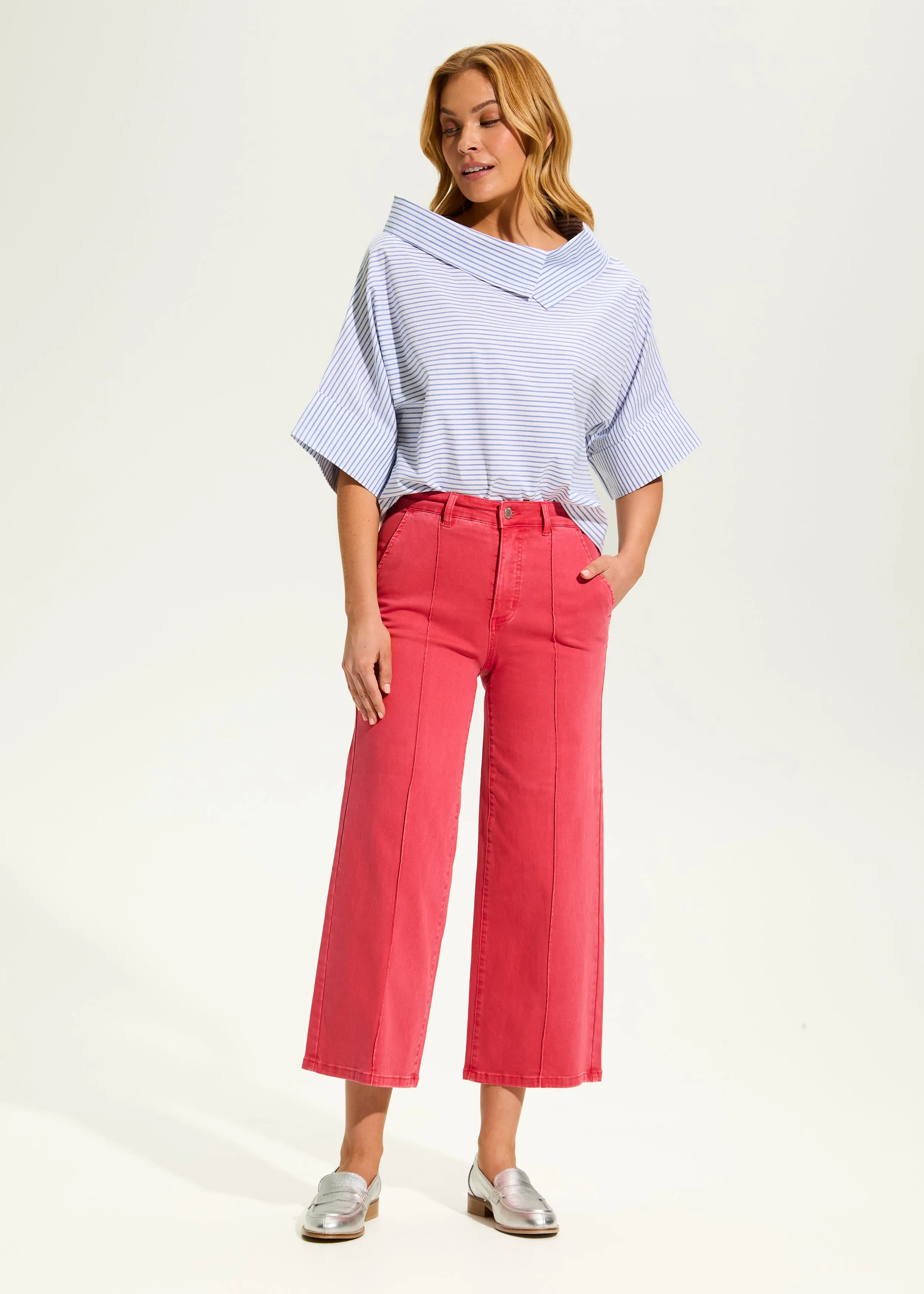 Crossover Neck Popover Top, Blue Stripe
