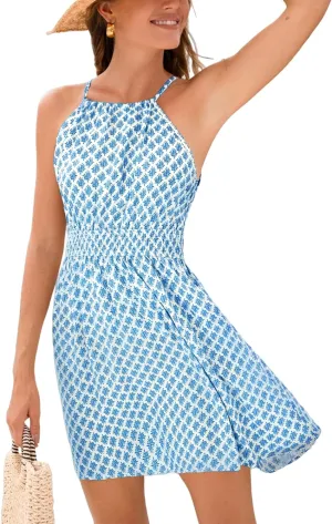 CUPSHE Women Geo Halter Summer Dress Sleeveless Smocked Waist A Line Casual Beach Sundress Vacation Holiday Mini Dress
