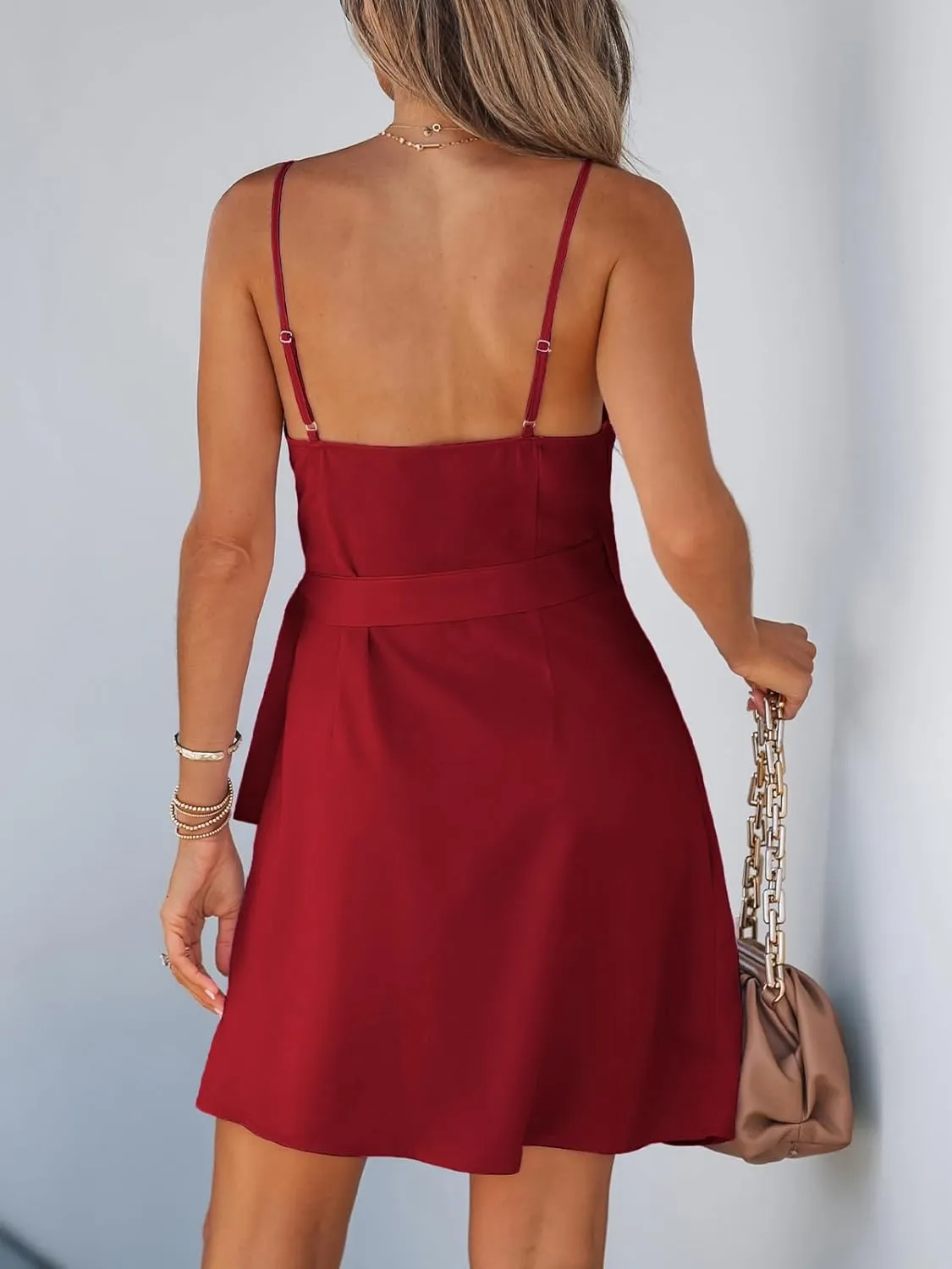 CUPSHE Women Spaghetti Strap Summer Dress Surplice V Neck Wrap Waist Tie Casual Beach Sundress Holiday Vacation Mini Dress