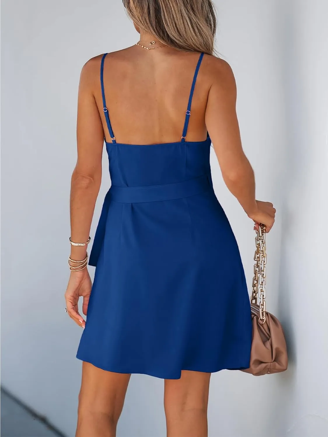 CUPSHE Women Spaghetti Strap Summer Dress Surplice V Neck Wrap Waist Tie Casual Beach Sundress Holiday Vacation Mini Dress