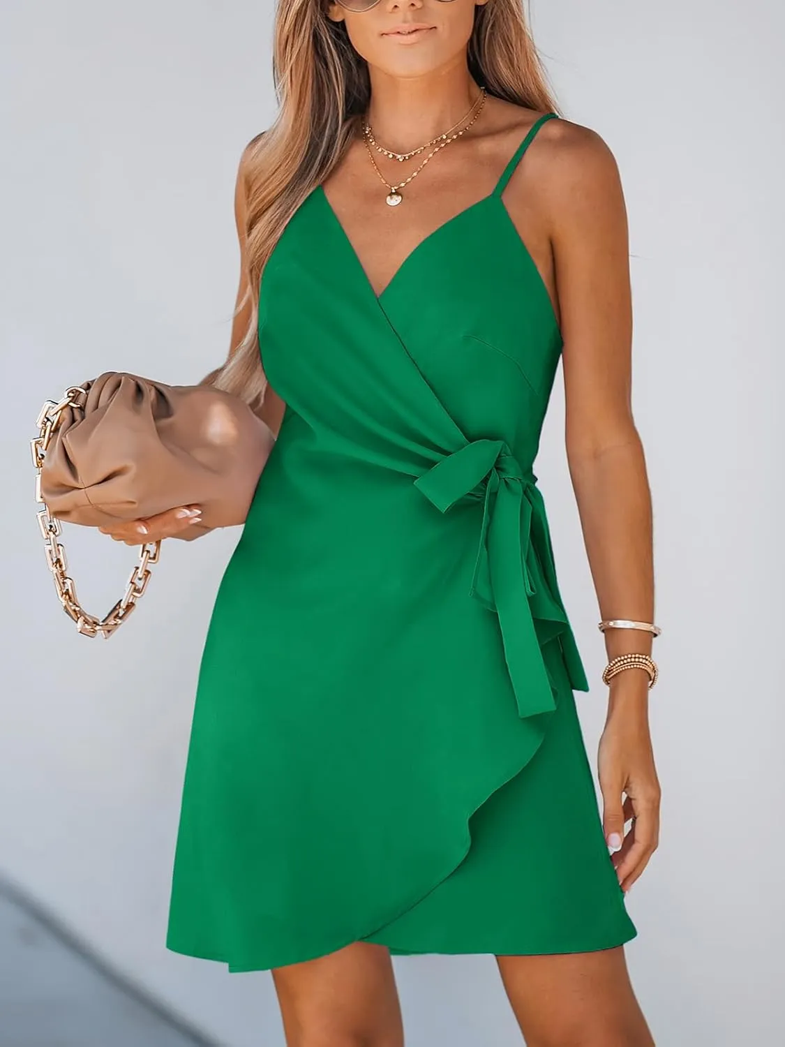 CUPSHE Women Spaghetti Strap Summer Dress Surplice V Neck Wrap Waist Tie Casual Beach Sundress Holiday Vacation Mini Dress