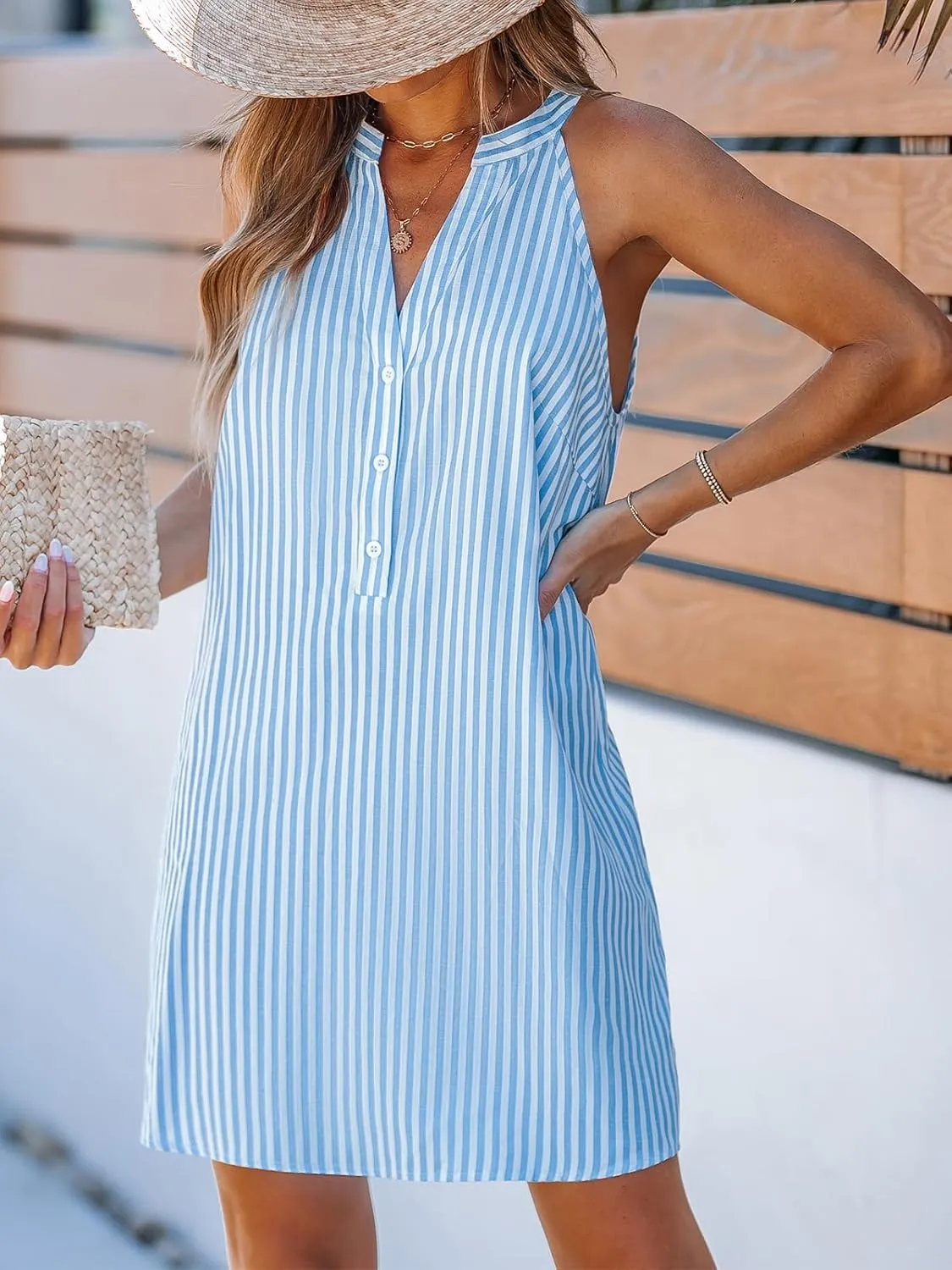 CUPSHE Women Striped Summer Dress Split V Neck Sleeveless Button Up A Line Casual Beach Vacation Holiday Mini Dress