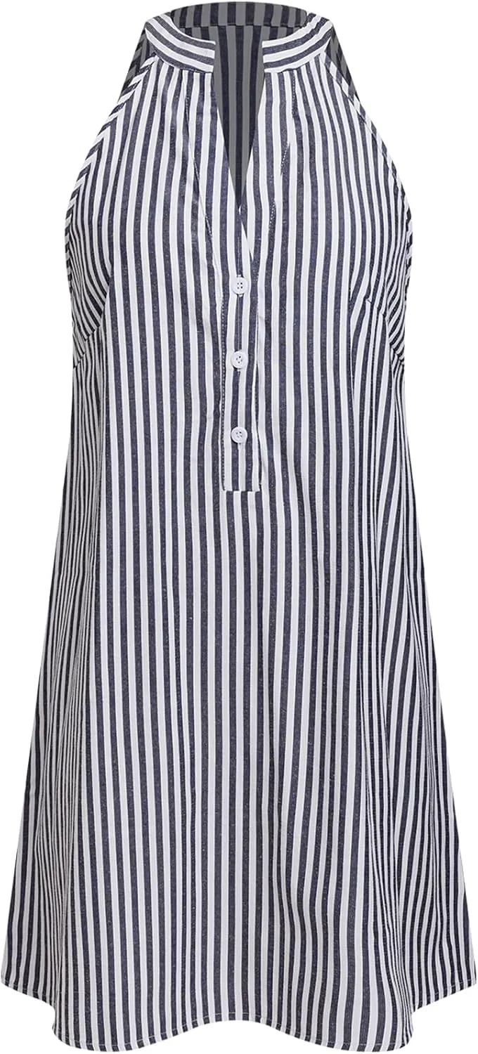 CUPSHE Women Striped Summer Dress Split V Neck Sleeveless Button Up A Line Casual Beach Vacation Holiday Mini Dress
